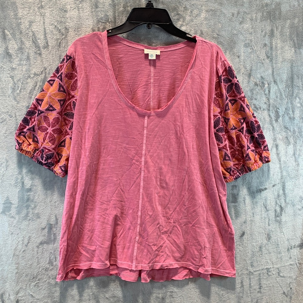 Sundance Pink Cotton Slub Embroidered Puff Sleeve Top XXL Scoop Neck Boho